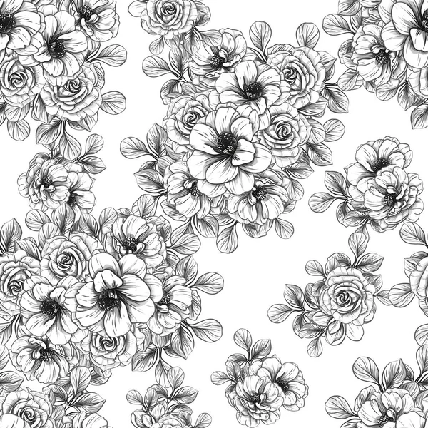 Sorunsuz vintage tarzı çiçek deseni. Siyah ve beyaz çiçek öğeleri.