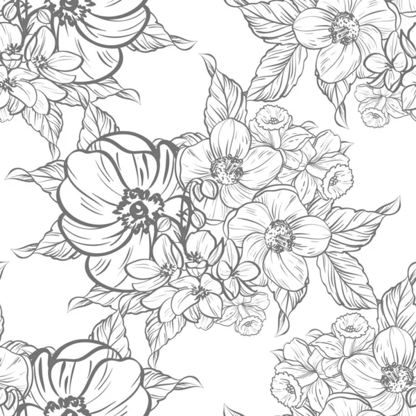 Patrón Flores Estilo Vintage Sin Costuras Elementos Florales Blanco Negro — Vector de stock