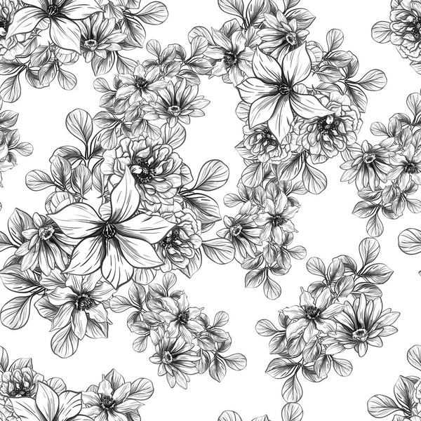 Sorunsuz vintage tarzı çiçek deseni. Siyah ve beyaz çiçek öğeleri.