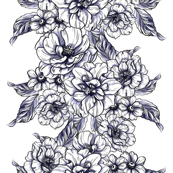 Naadloze Vintage Stijl Zwart Wit Gekleurde Bloemenpatroon Floral Elementen — Stockvector