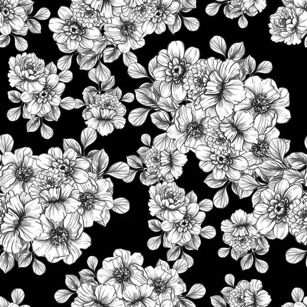 Seamless Vintage Style Flower Pattern Floral Elements Black White — Stock Vector