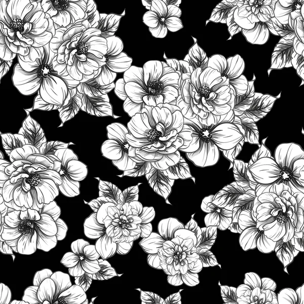 Padrão Flor Estilo Vintage Sem Costura Elementos Florais Preto Branco — Vetor de Stock