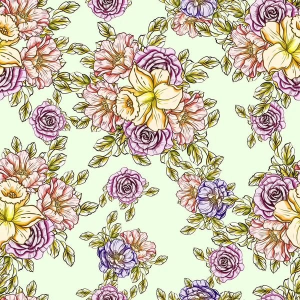 Patrón Flores Estilo Vintage Sin Costuras Elementos Florales Color — Vector de stock