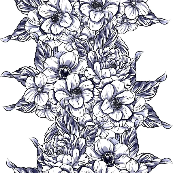 Naadloze Vintage Stijl Zwart Wit Gekleurde Bloemenpatroon Floral Elementen — Stockvector