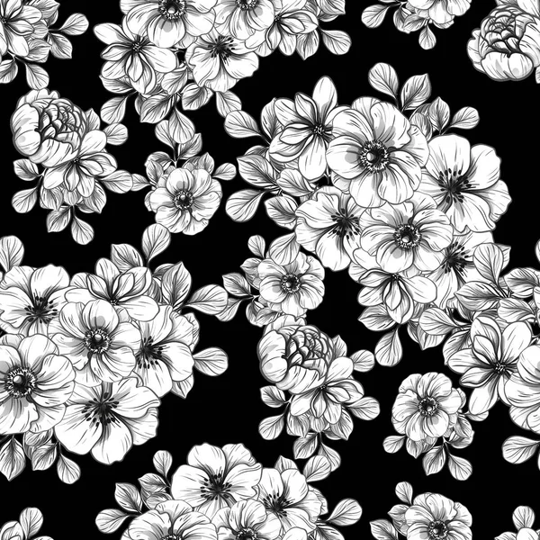 Modèle Fleur Style Vintage Sans Couture Eléments Floraux Noir Blanc — Image vectorielle