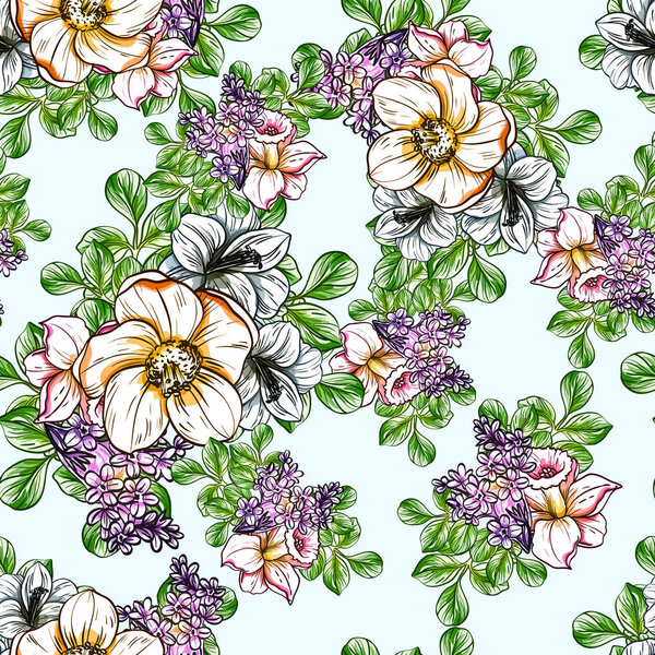 Seamless vintage style flower pattern. Floral elements in color