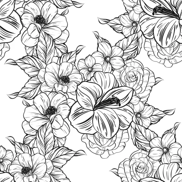 Seamless Vintage Style Flower Pattern Floral Elements Black White — Stock Vector