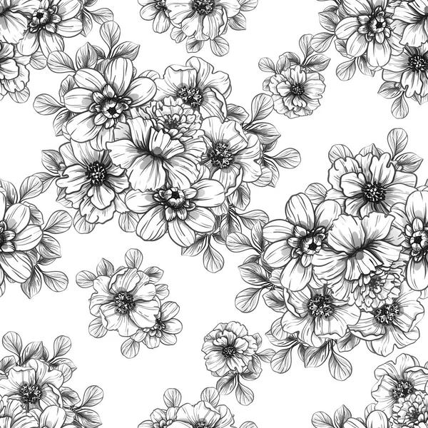 Patrón Flores Estilo Vintage Sin Costuras Elementos Florales Blanco Negro — Archivo Imágenes Vectoriales