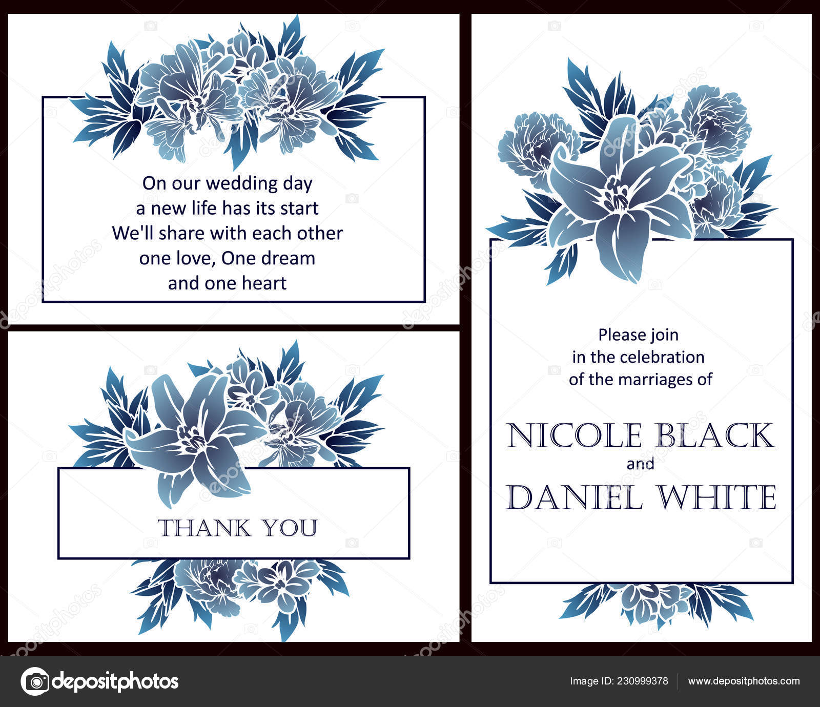 Vintage Style Flower Wedding Cards Set Monochrome Colored Floral