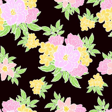 Sorunsuz vintage tarzı parlak çiçek deseni. Renkli çiçek öğeleri