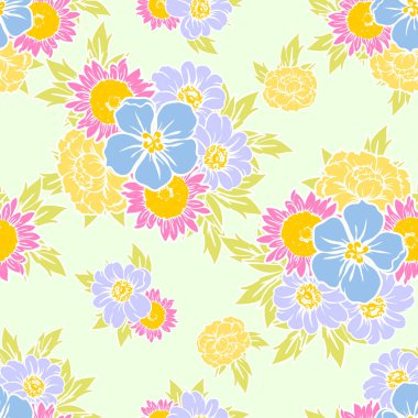 Sorunsuz vintage tarzı parlak çiçek deseni. Renkli çiçek öğeleri