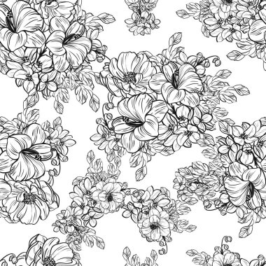 Sorunsuz vintage tarzı çiçek deseni. Siyah ve beyaz çiçek öğeleri.
