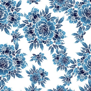 Sorunsuz vintage tarzı tek renkli koyu mavi renkli çiçek deseni. Çiçek öğeleri.