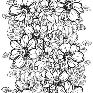 Sorunsuz vintage tarzı çiçek deseni. Siyah ve beyaz çiçek öğeleri.