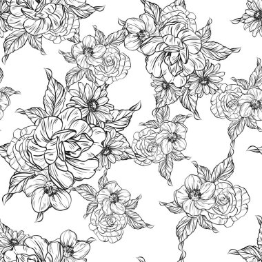 Sorunsuz vintage tarzı çiçek deseni. Siyah ve beyaz çiçek öğeleri.