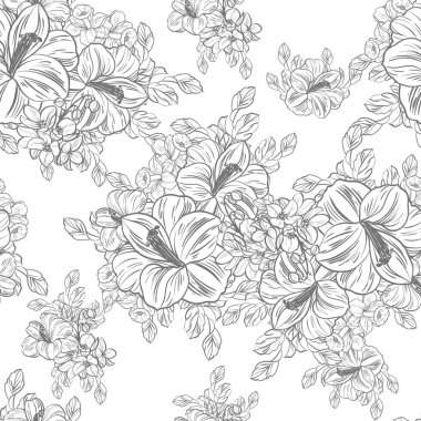 Sorunsuz vintage tarzı çiçek deseni. Siyah ve beyaz çiçek öğeleri.