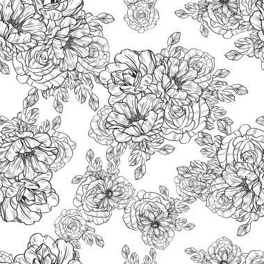 Sorunsuz vintage tarzı çiçek deseni. Siyah ve beyaz çiçek öğeleri.