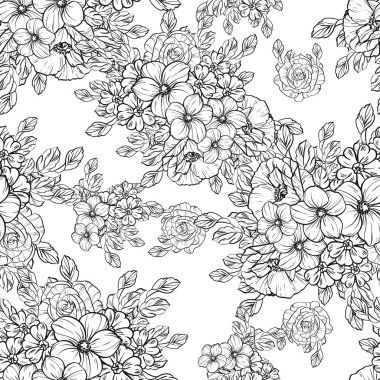 Sorunsuz vintage tarzı çiçek deseni. Siyah ve beyaz çiçek öğeleri.
