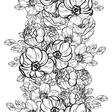 Sorunsuz vintage tarzı çiçek deseni. Siyah ve beyaz çiçek öğeleri.