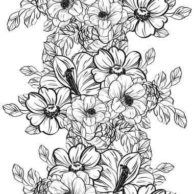 Sorunsuz vintage tarzı çiçek deseni. Siyah ve beyaz çiçek öğeleri.