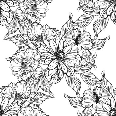 Sorunsuz vintage tarzı çiçek deseni. Siyah ve beyaz çiçek öğeleri.