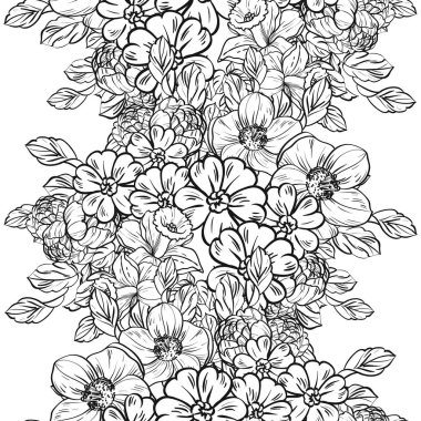 Sorunsuz vintage tarzı çiçek deseni. Siyah ve beyaz çiçek öğeleri.
