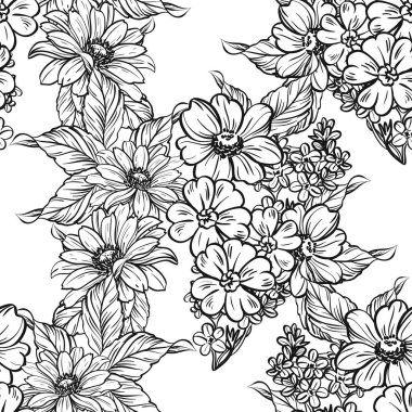 Sorunsuz vintage tarzı çiçek deseni. Siyah ve beyaz çiçek öğeleri.