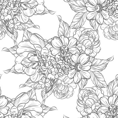 Sorunsuz vintage tarzı çiçek deseni. Siyah ve beyaz çiçek öğeleri.