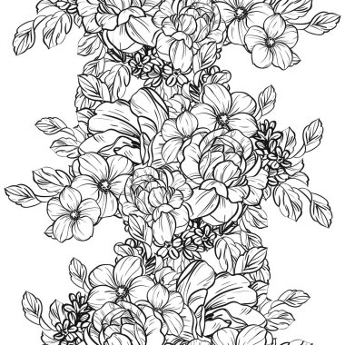 Sorunsuz vintage tarzı çiçek deseni. Siyah ve beyaz çiçek öğeleri.