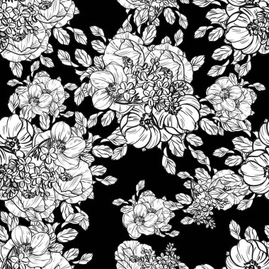 Sorunsuz vintage tarzı çiçek deseni. Siyah ve beyaz çiçek öğeleri.