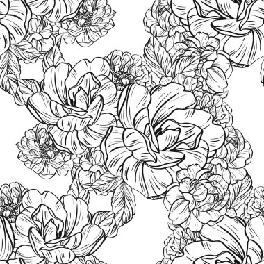 Sorunsuz vintage tarzı çiçek deseni. Siyah ve beyaz çiçek öğeleri.