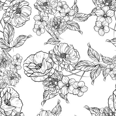 Sorunsuz vintage tarzı çiçek deseni. Siyah ve beyaz çiçek öğeleri.