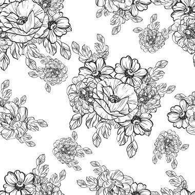 Sorunsuz vintage tarzı çiçek deseni. Siyah ve beyaz çiçek öğeleri.