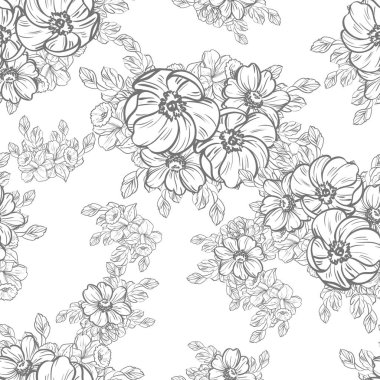 Sorunsuz vintage tarzı çiçek deseni. Siyah ve beyaz çiçek öğeleri.
