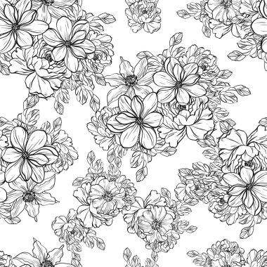 Sorunsuz vintage tarzı çiçek deseni. Siyah ve beyaz çiçek öğeleri.