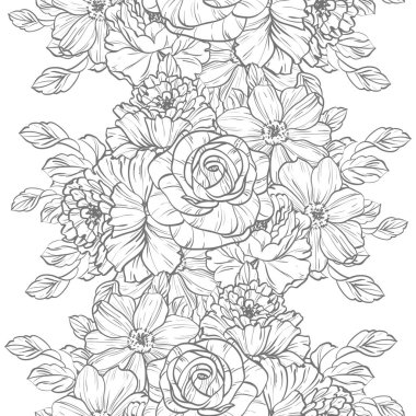 Sorunsuz vintage tarzı çiçek deseni. Siyah ve beyaz çiçek öğeleri.