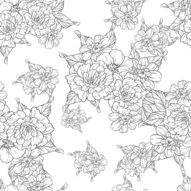 Sorunsuz vintage tarzı çiçek deseni. Siyah ve beyaz çiçek öğeleri.