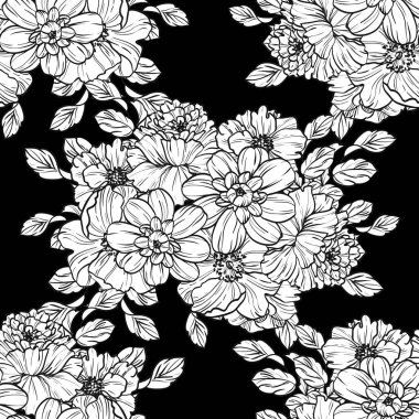 Sorunsuz vintage tarzı çiçek deseni. Siyah ve beyaz çiçek öğeleri.