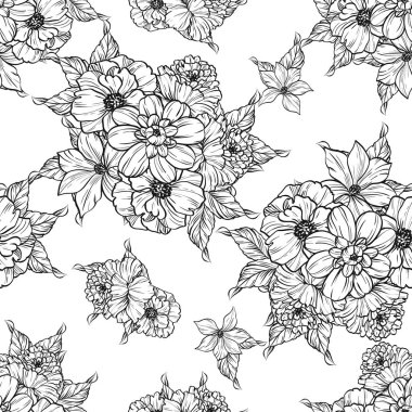 Sorunsuz vintage tarzı çiçek deseni. Siyah ve beyaz çiçek öğeleri.
