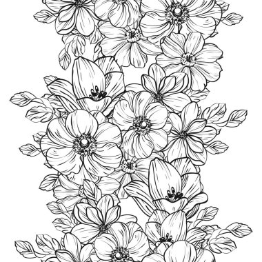 Sorunsuz vintage tarzı çiçek deseni. Siyah ve beyaz çiçek öğeleri.