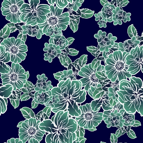 Seamless Vintage Style Monochrome Green Colored Flower Pattern Floral Elements — Stock Vector