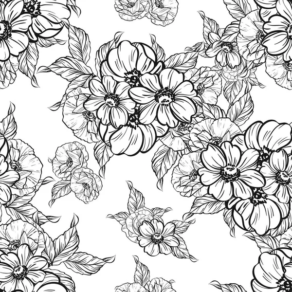 Modèle Fleur Style Vintage Sans Couture Eléments Floraux Noir Blanc — Image vectorielle