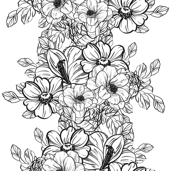 Patrón Flores Estilo Vintage Sin Costuras Elementos Florales Blanco Negro — Vector de stock