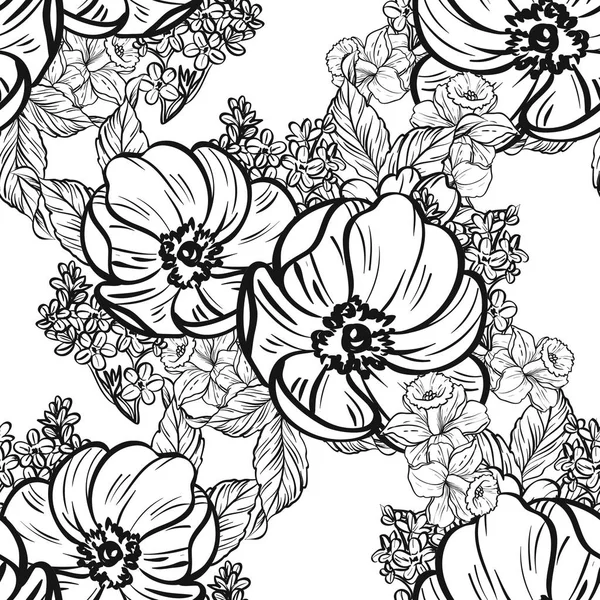 Seamless Vintage Style Flower Pattern Floral Elements Black White — Stock Vector