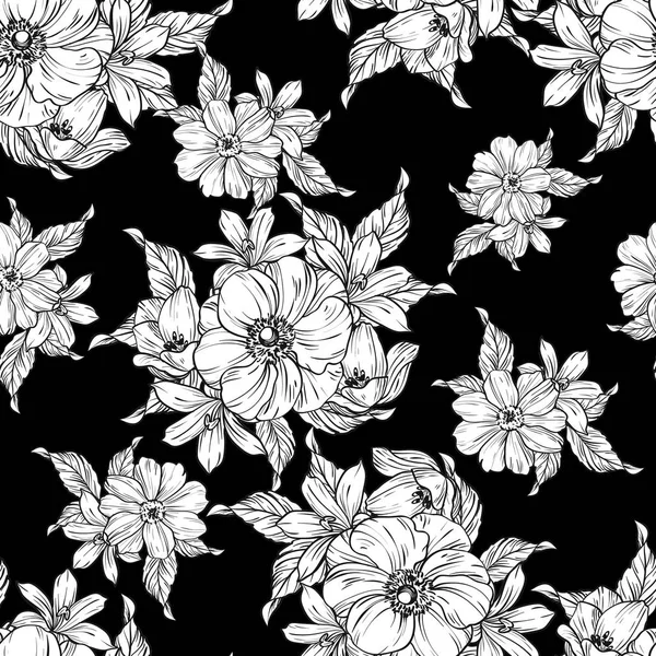 Padrão Flor Estilo Vintage Sem Costura Elementos Florais Preto Branco — Vetor de Stock