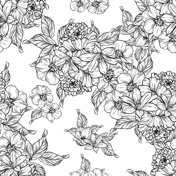Sorunsuz vintage tarzı çiçek deseni. Siyah ve beyaz çiçek öğeleri.
