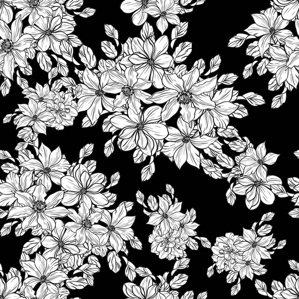 Padrão Flor Estilo Vintage Sem Costura Elementos Florais Preto Branco — Vetor de Stock