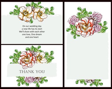 Klasik çiçek düğün kartları seti. Çiçek elementleri ve çerçeveleri.