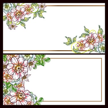 Vintage tarzı çiçek aşk seti kartları. Çiçek öğeleri ve çerçeveler.