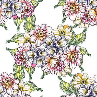 Sorunsuz vintage tarzı çiçek deseni. Renkli çiçek öğeleri